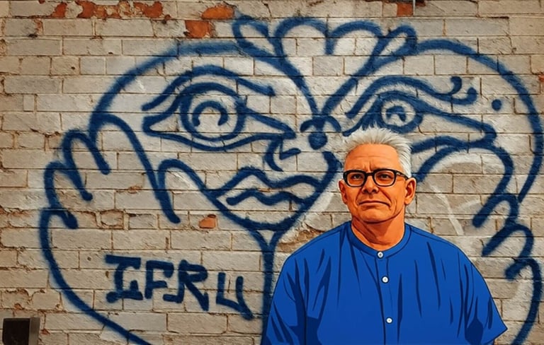 nick cody in a blue shirt and glasses with graffiti on the wall behind him
