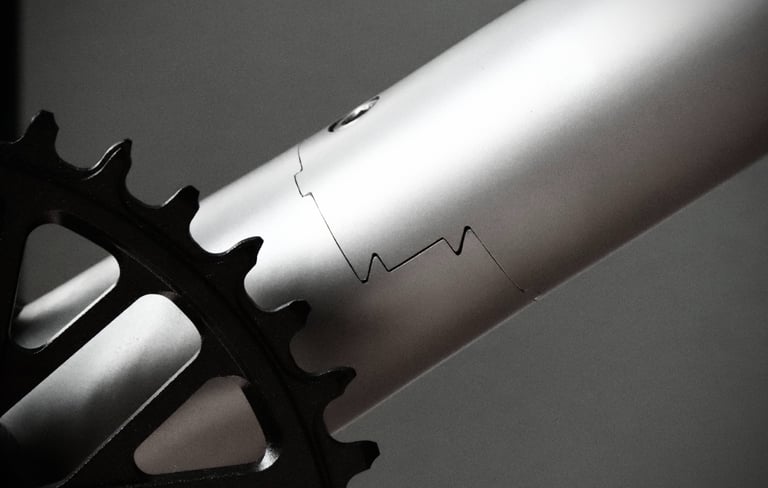 Z-coupler titanium bicycle frame with a black chainring and interlocking joint design.