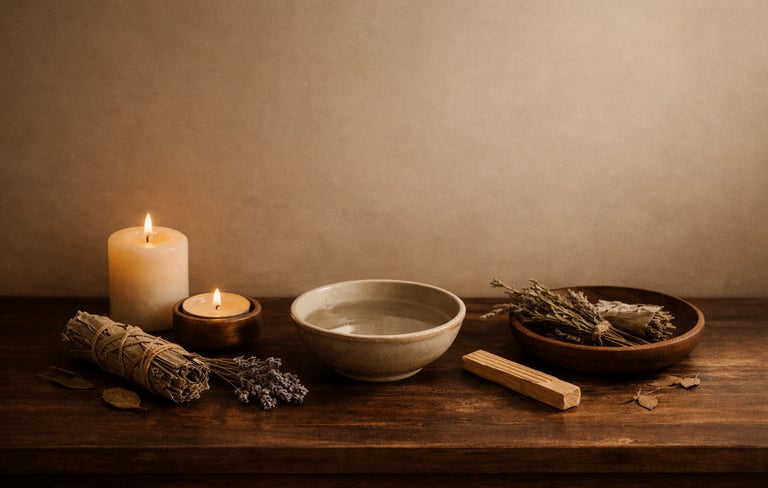 Altar de luna nueva con velas, hierbas y cuenco de agua