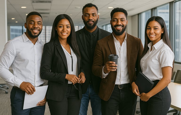 Five professionally dressed colleagues standing together in a modern office, smiling confidently at 