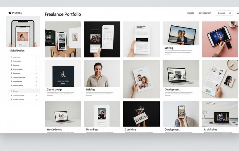 Modern freelance portfolio showcasing digital designs, writing samples, and development work.
