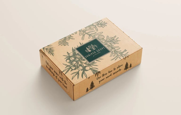 Elegant and eco-conscious packaging design for Juniper Grove, emphasizing sustainability and nature.