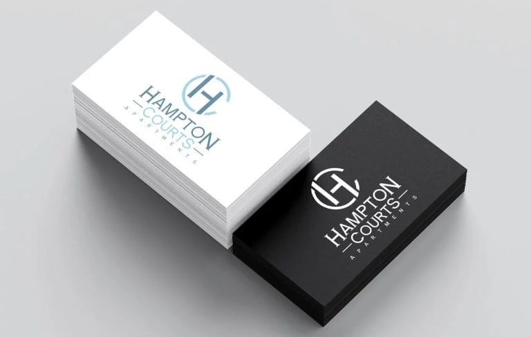 Modern logo and branding design for Hampton Courts, featuring bold typography and subtle blue color