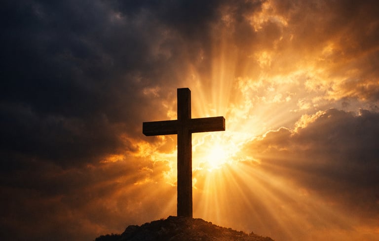 alt="Cross with light overcoming darkness representing Christ covering sin and shame"