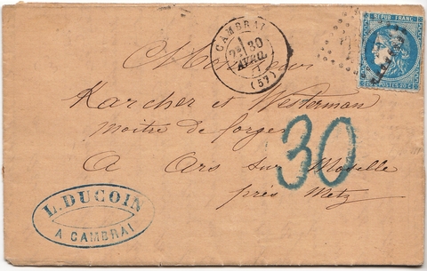 Letter mailed on 30 April 1871 at CAMBRAI for ARS SUR MOSELLE franked at at 20 c.