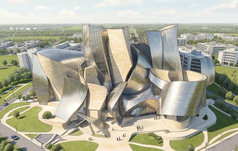 An illustration of a modern deconstructivist building with metallic curved walls and glass facades.