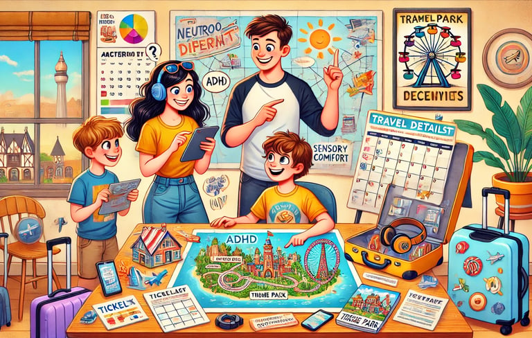 Familia Neurodivergente preprando el viaje aun parque temático.