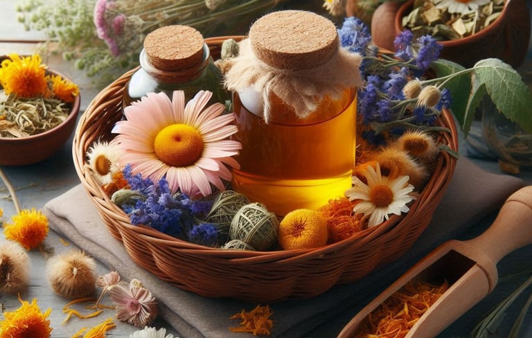 a basket with flowers and herbs in a basket