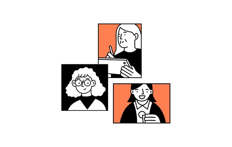 an illustration of three women in a black, orange and white picture
