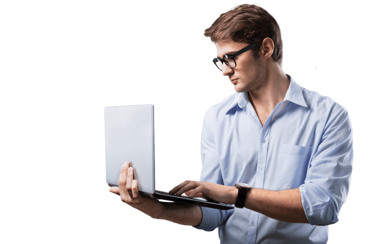 a man in a blue shirt and glasses is holding a laptop