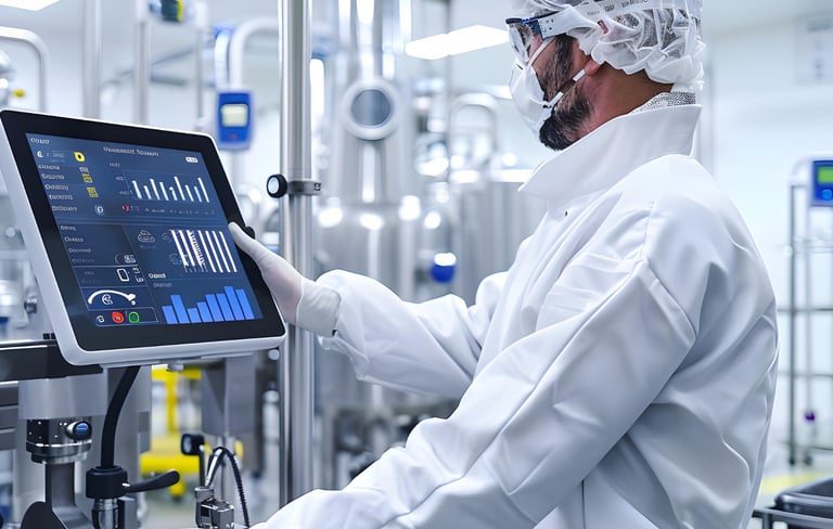 A food lab technician in a cleanroom using a touch screen to monitor food manufacturing processes.