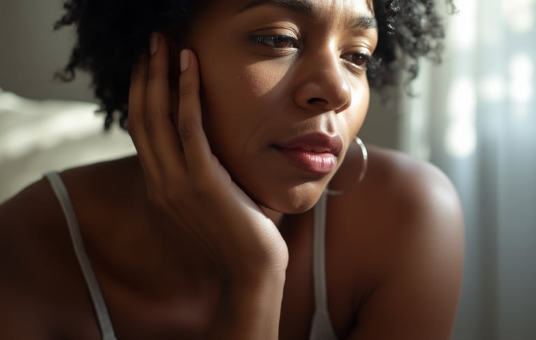 Close-up of a thoughtful Black woman with curly hair and hoop earrings in natural light.
