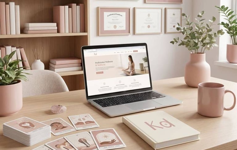 Laptop en un escritorio con cartas de tarot y pagina web de bienestar