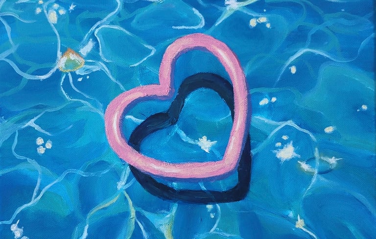 peinture acrylique tableau qui représente une bouée en forme de cœur dans une piscine 