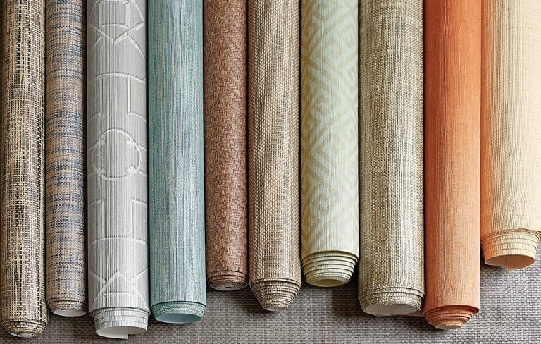 Textured wallpaper rolls in various colors and patterns for modern interior design and home decor.