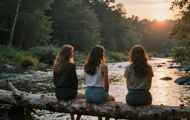 Frauen am Fluss bei Sonnenuntergang