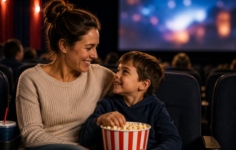 A mother and son enjoying a movie at the theater.