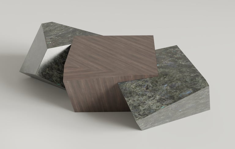 Table basse Pyrite en labradorite et noyer, cubes tronqués imbriqués