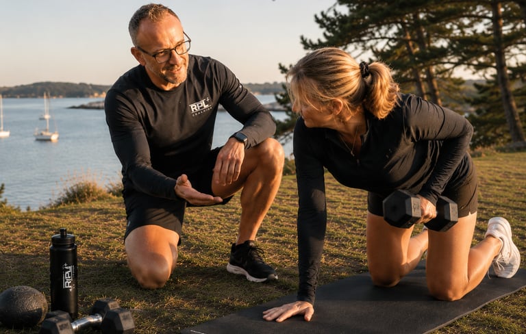 Coach sportif accompagnant une séance de renforcement fonctionnel dans le Golfe du Morbihan