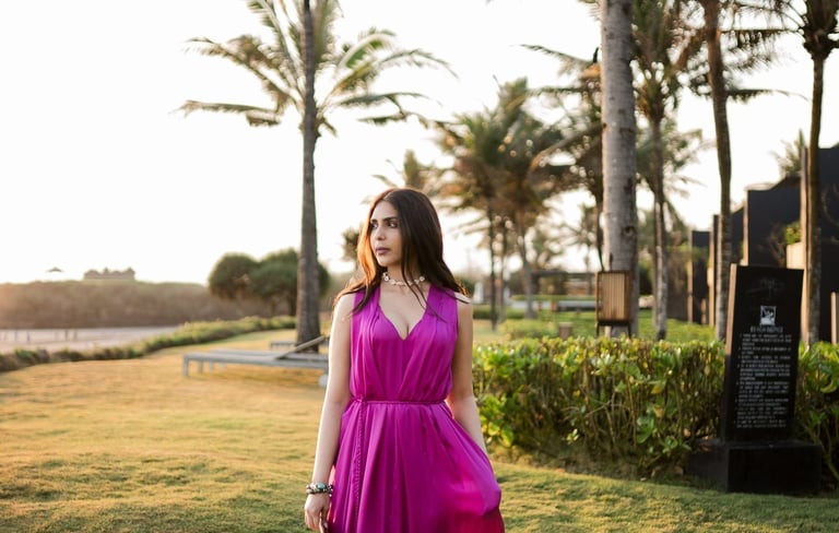 Portrait session walking under tropical palm trees at Alila Soori Tabanan Bali