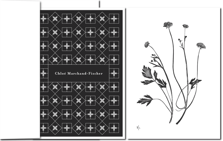 Letzter Gruß mit Ornament und minimalistischer Wiesenblume, zart.