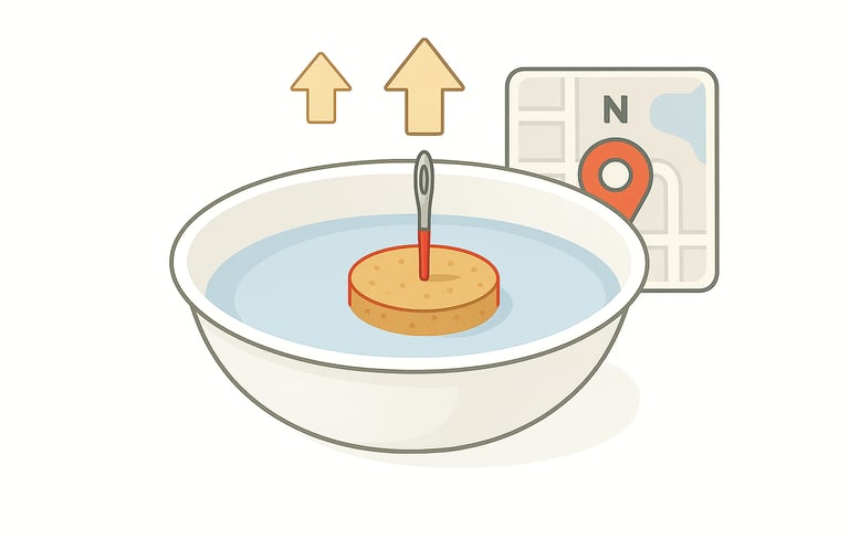 A deep dish with water, a cork, and a needle floating in it pointing north.