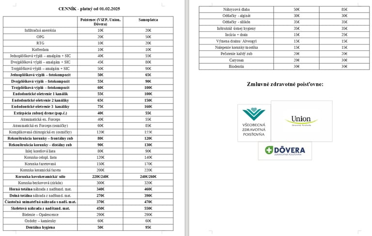 CENNÍK - platný od 01.02.2025