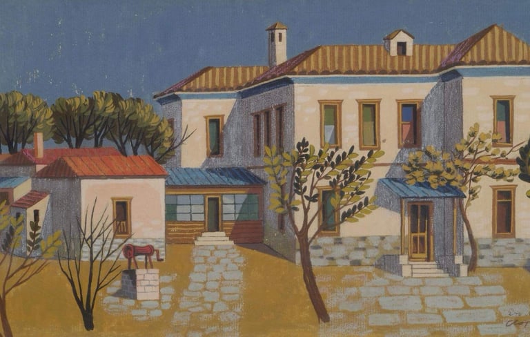 a painting of a house with a horse in the foreground