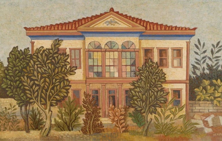 a painting of a house with a large house in the background Αγηνωρ Αστεριαδης