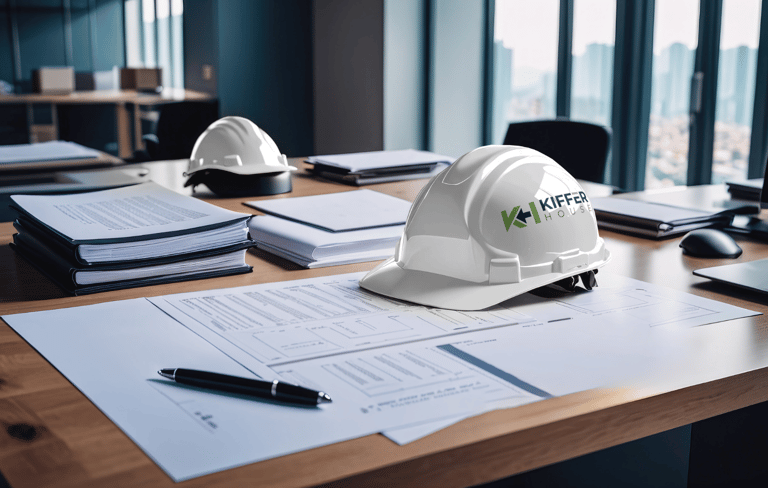 White safety hard hat with logo on a wooden office desk with blueprints and construction plans.