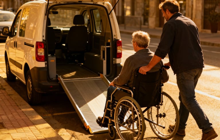 Rollstuhlbeförderung in Berlin: Fahrer hilft einen Fahrgast auf die Rollstuhlrampe.