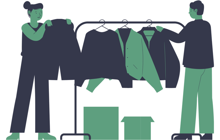a man and woman standing in front of a clothing rack