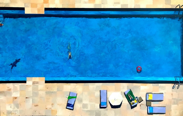 a painting of a swimming pool and a few people