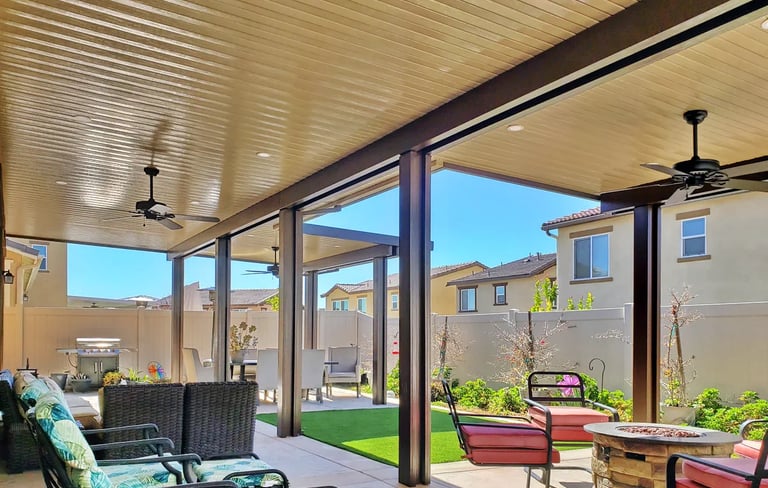 Patio area with firepit and patio furniture,