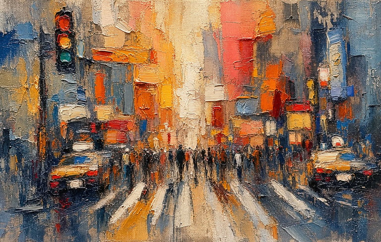 Impressionist oil painting of a busy city street with abstract people, cars, and traffic lights.