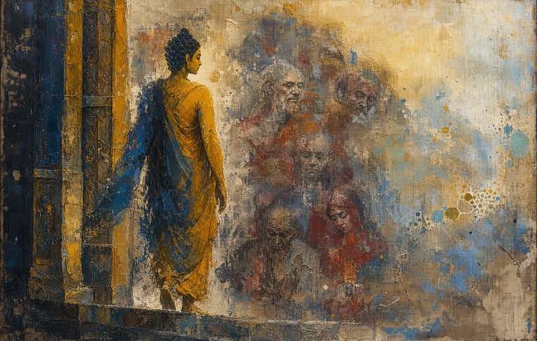 Textured oil painting of Buddha in yellow robes overlooking a group of fading figures.