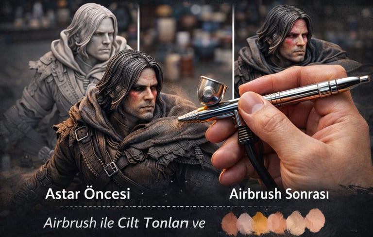 Airbrush tekniği ile figürün cilt tonları ve gölgelendirme detayları belirgin hale gelir.