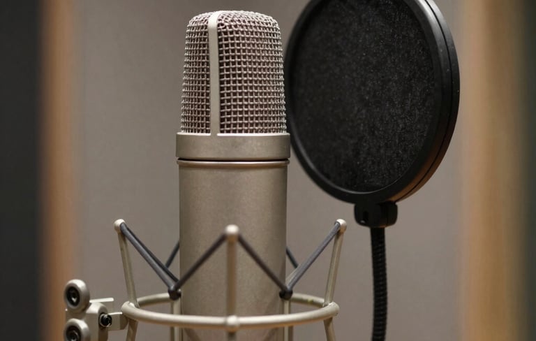 A close-up of a professional condenser microphone with a pop filter in a recording studio, featuring soft bokeh of studio panels in the background, set in a South Asian / Indian context.