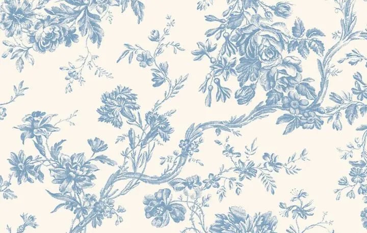 Toile de Jouy floral bleu ciel sur fond blanc