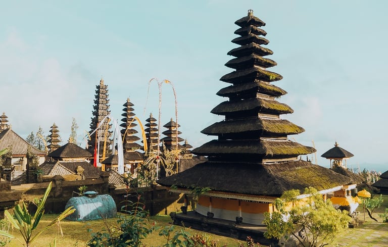 Panoramic view of Besakih Temple courtyards with intricate stone carvings and shrines