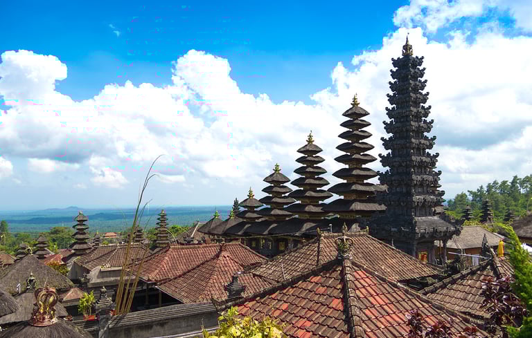Panoramic view of Besakih Temple courtyards with intricate stone carvings and shrines