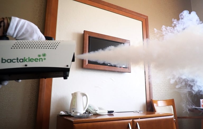 Sosteniendo una máquina de niebla fría Bactakleen en su mano durante el funcionamiento.