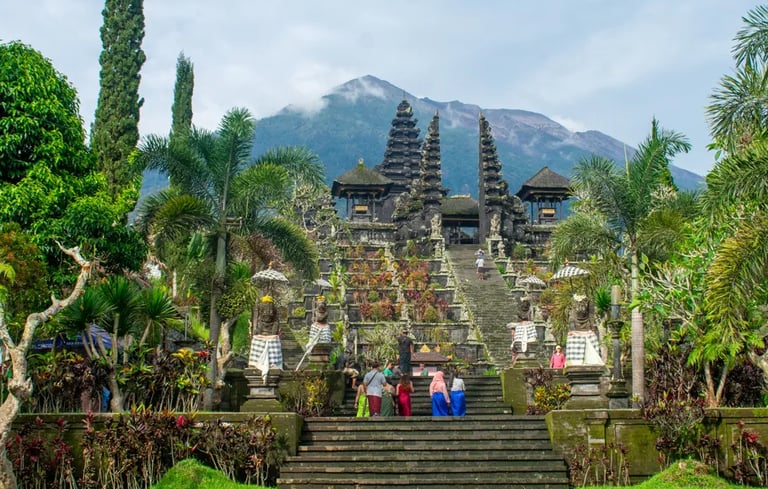 Stone stairways leading up to Besakih Temple complex on the sacred slopes of Mount Agung