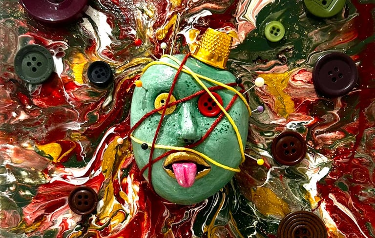 Ilona Paris tableau d'un visage sculpté avec du fil à coudre et des yeux boutons