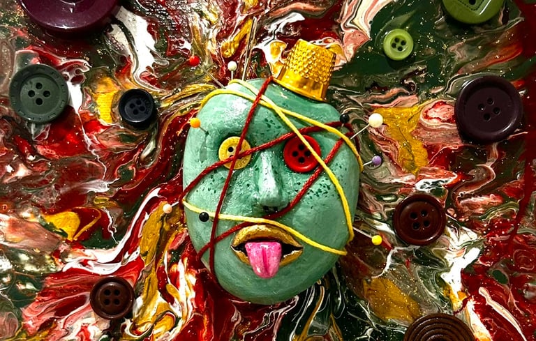 Ilona Paris tableau d'un visage sculpté avec du fil à coudre et des yeux boutons