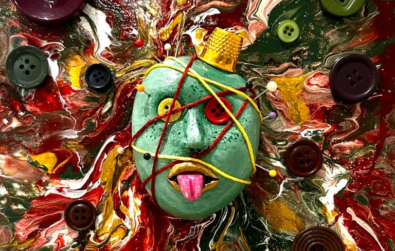 Ilona Paris tableau d'un visage sculpté avec du fil à coudre et des yeux boutons