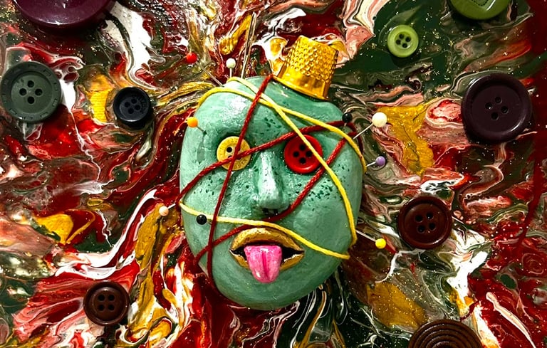 a painting of a face with buttons and buttons