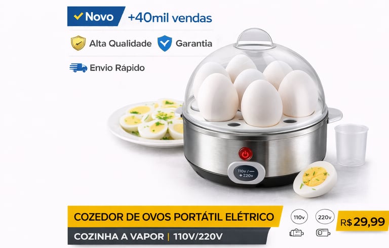 Cozedor de ovos elétrico portátil bivolt de aço inox com tampa transparente e sete ovos brancos.