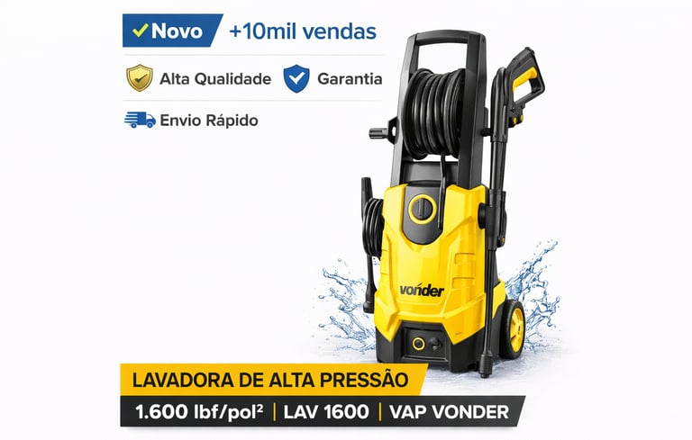 Lavadora de alta pressão Vonder LAV 1600 amarela e preta com jato de água e mangueira.