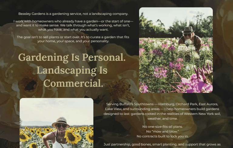 Website design for Beasley Gardens featuring garden design and seasonal garden care services in the 